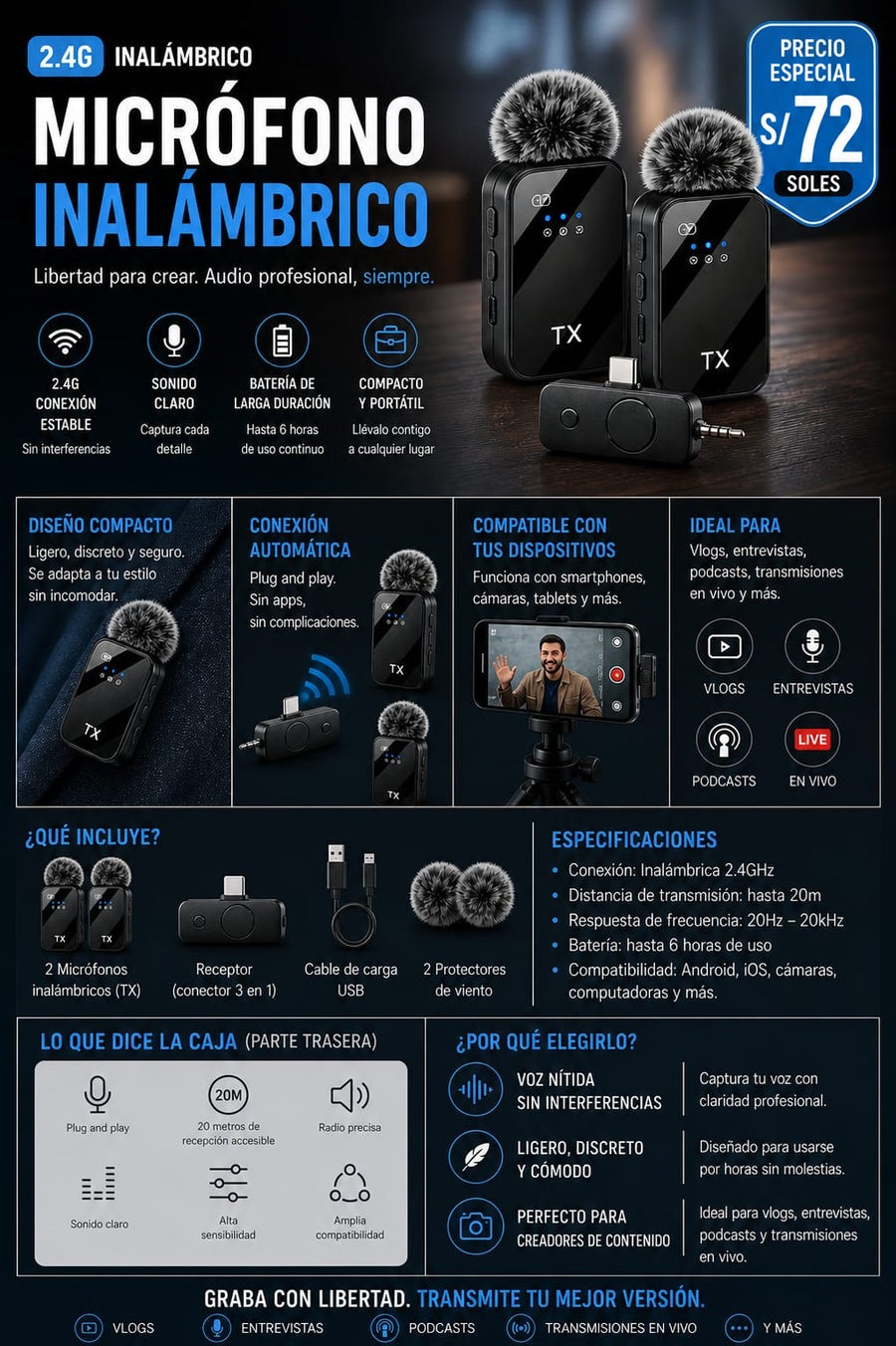 Microfono Inalambrico 2.4G Pro Doble 3 en 1
