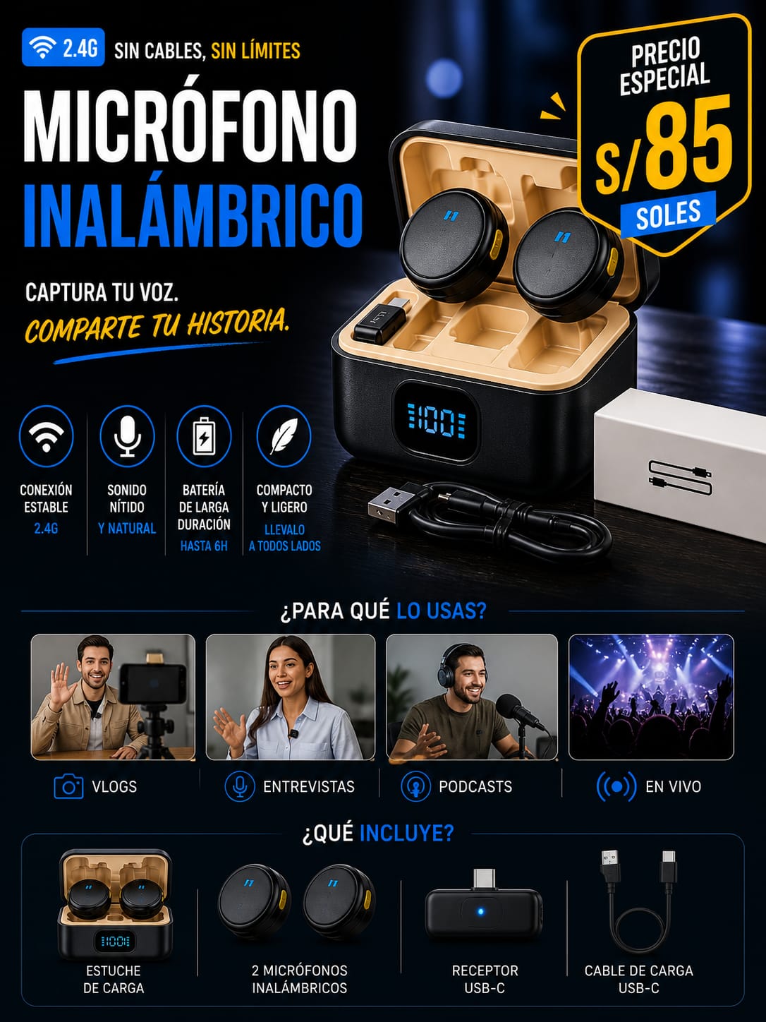 Microfono Inalambrico 2.4G con Estuche de Carga USB-C