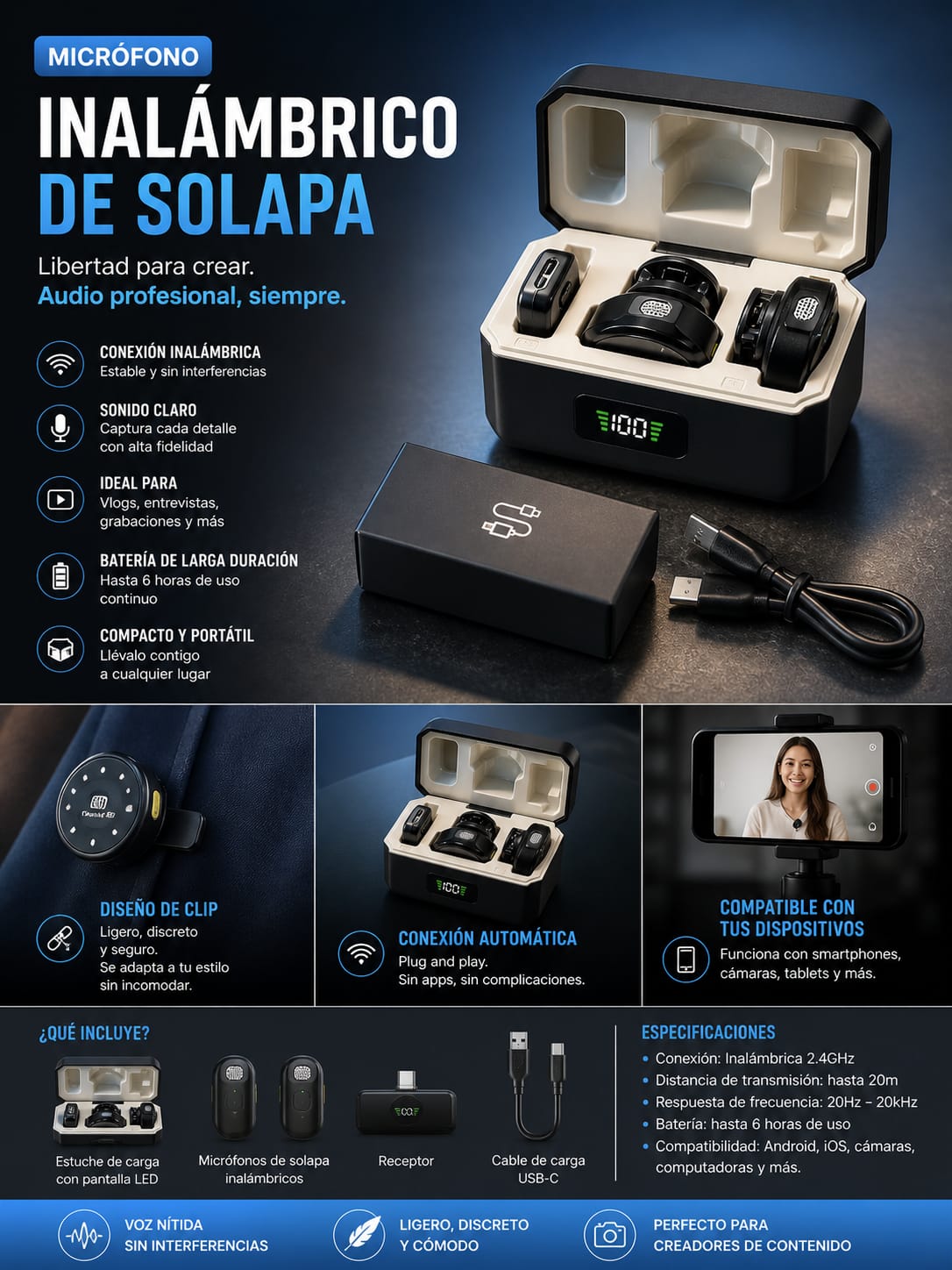 Microfono Inalambrico de Solapa Pro con Reduccion de Ruido