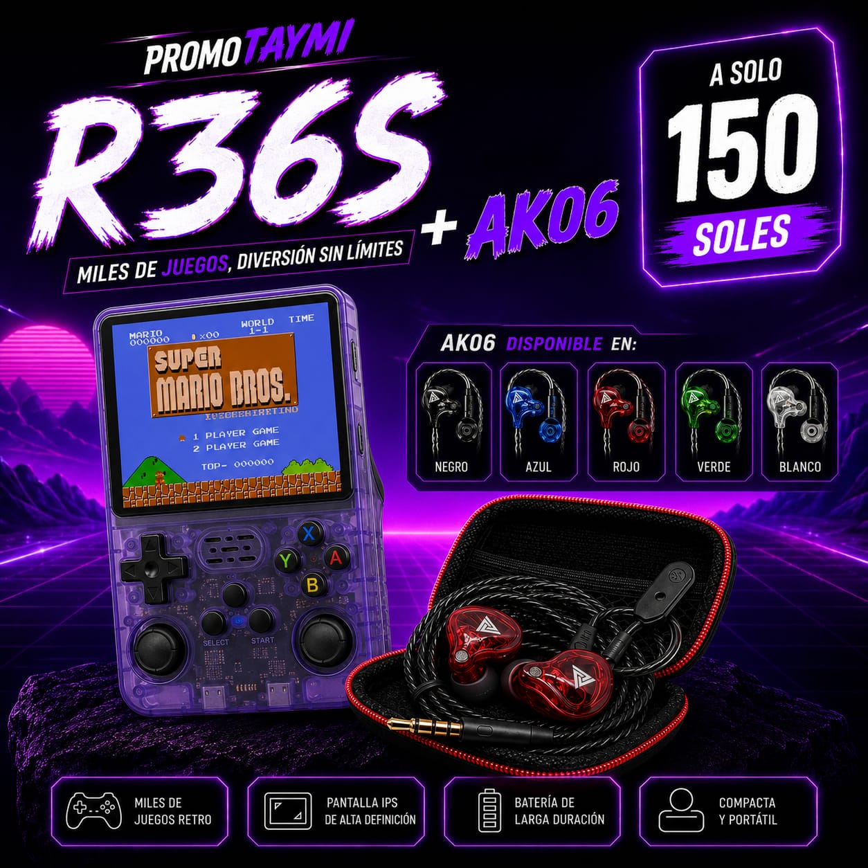 PROMOTAYMI R36S + AK06 + Estuche - promo consola retro con audifonos AK06
