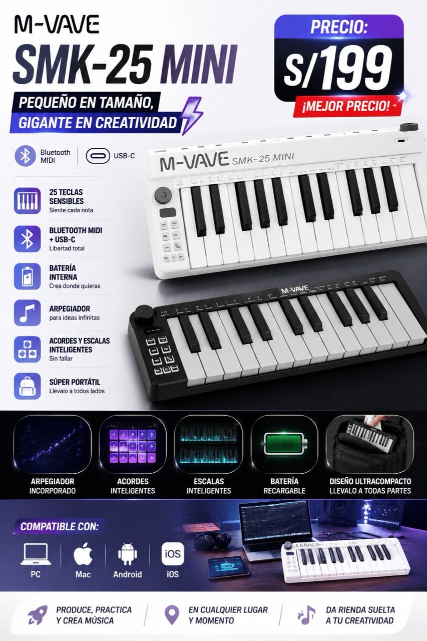 M-VAVE SMK-25 Mini controlador MIDI Bluetooth USB-C