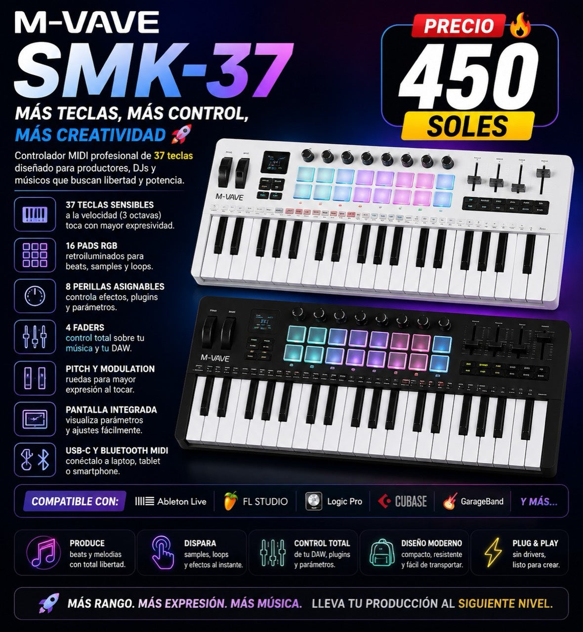 M-VAVE SMK-37 controlador MIDI 37 teclas Bluetooth pads RGB