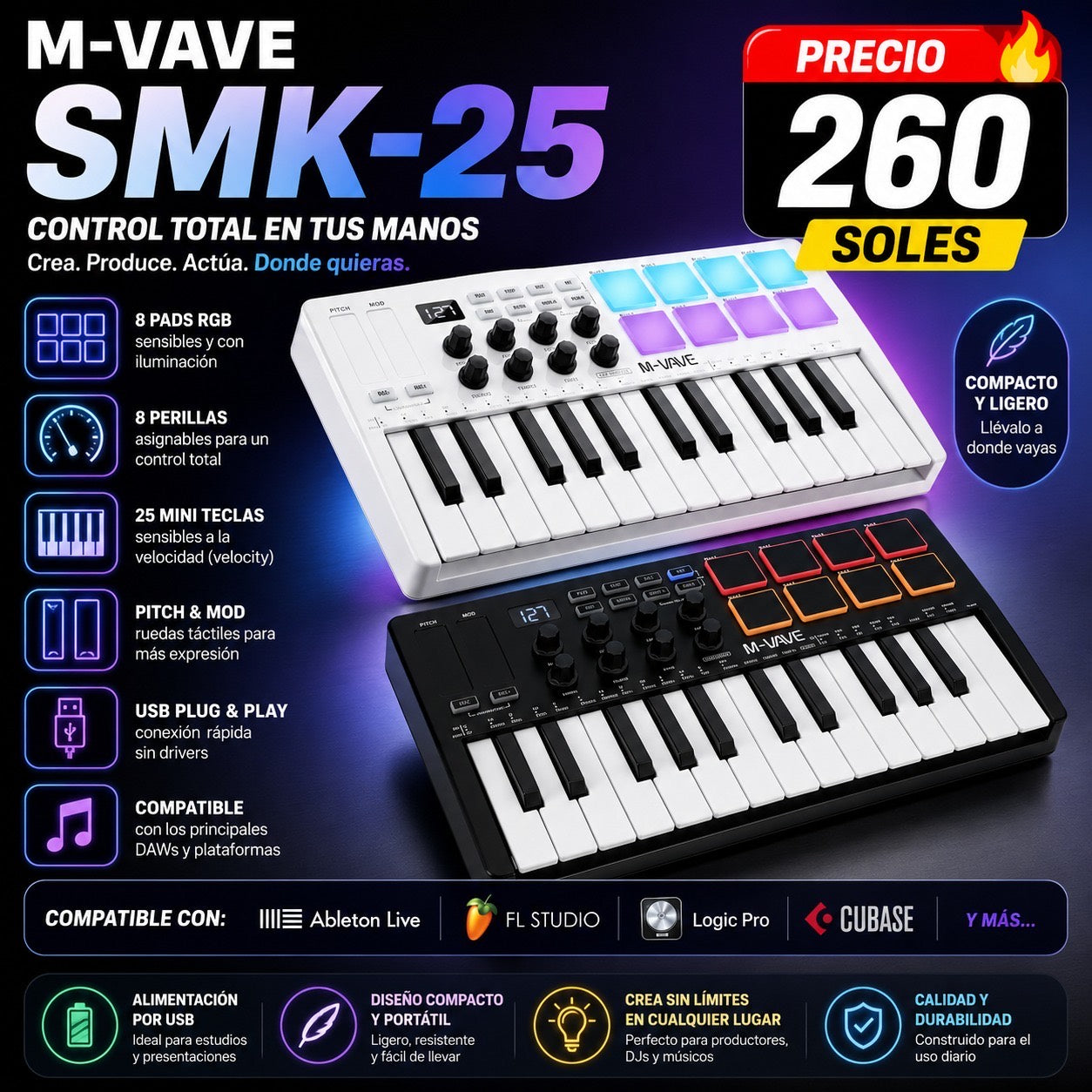 MIDIs - M-VAVE SMK-25 - Controlador MIDI 25 Teclas RGB