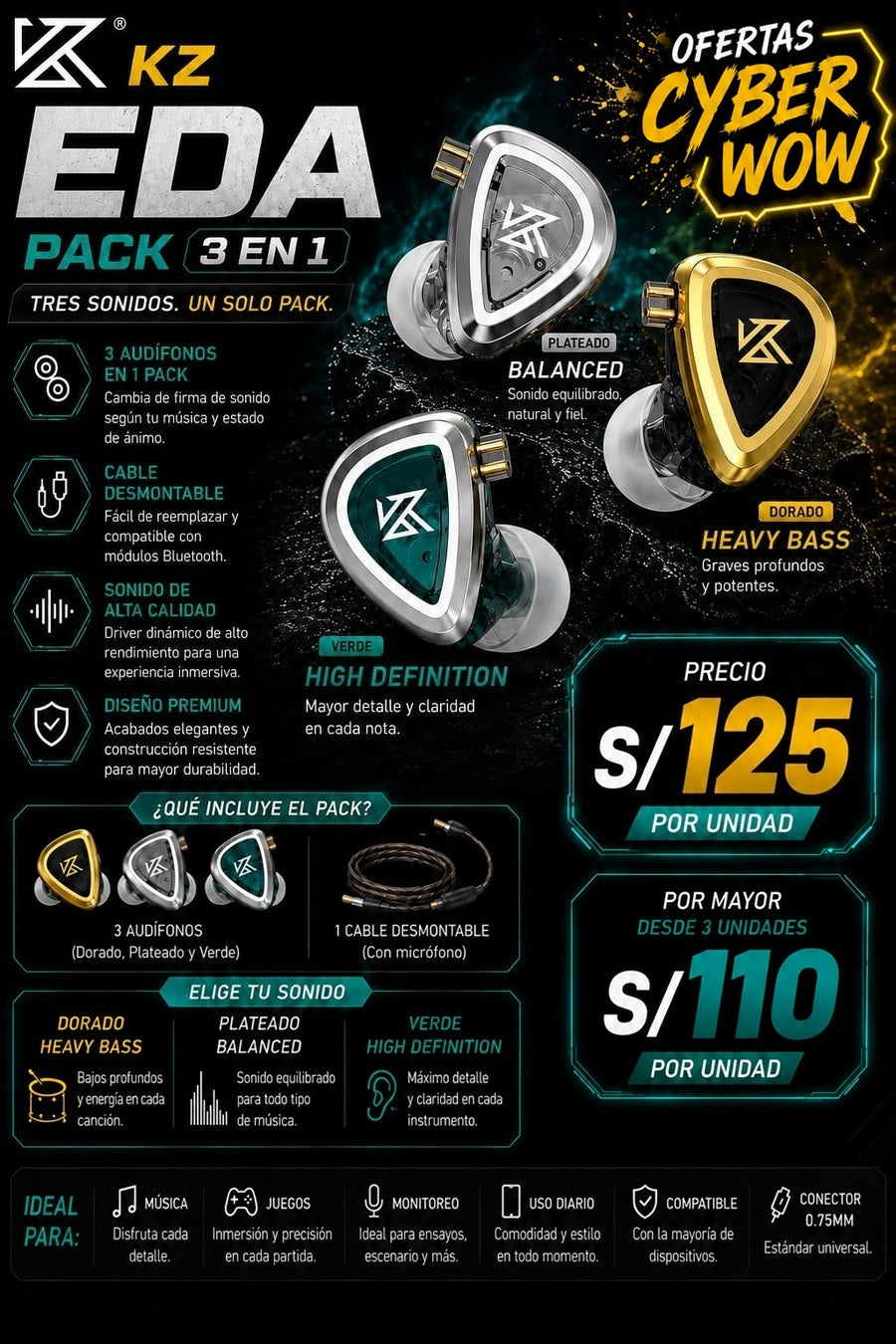KZ EDA Pack 3 en 1 - Heavy Bass, Balanced y Hi-Res