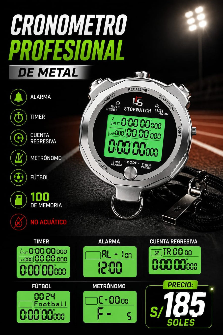 Cronometro Profesional de Metal 100 Memorias