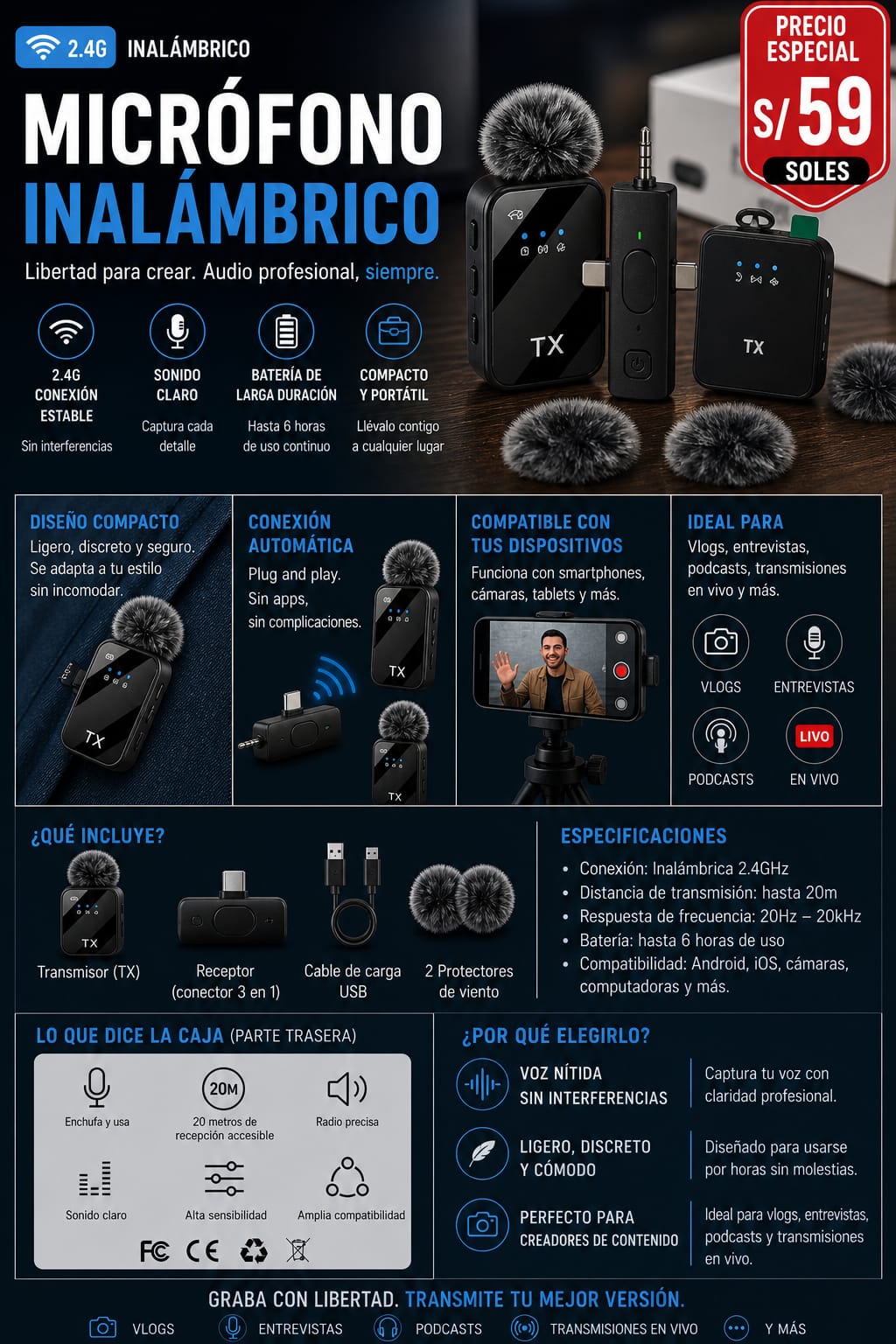 Microfono Inalambrico 2.4G 3 en 1