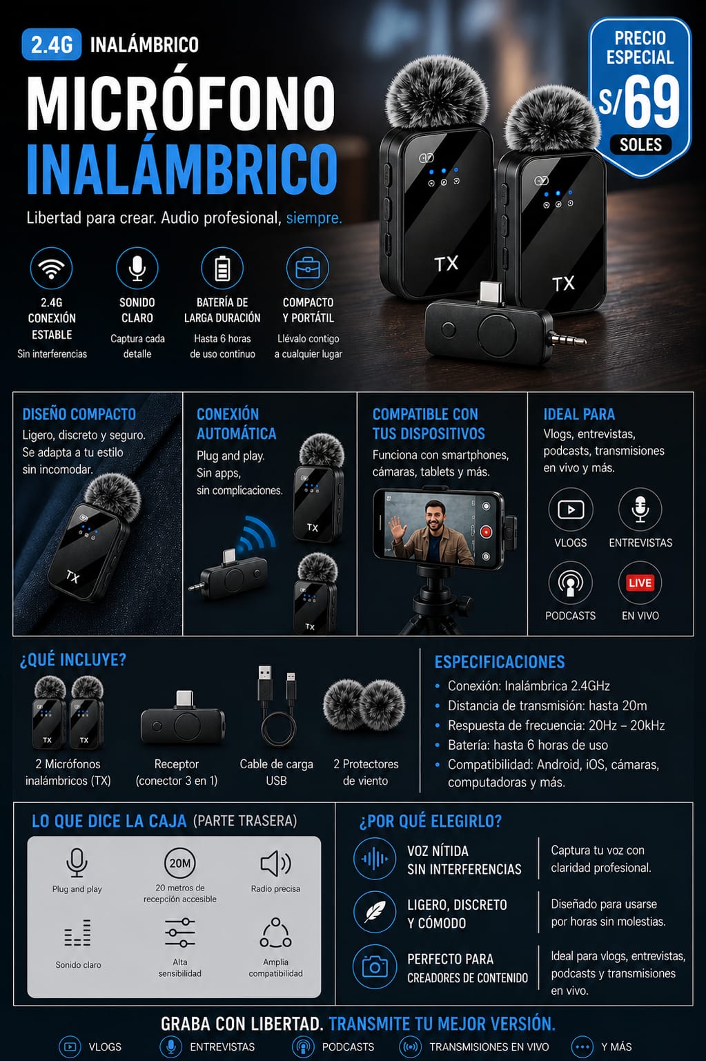 Microfono Inalambrico 2.4G Pro Doble 3 en 1
