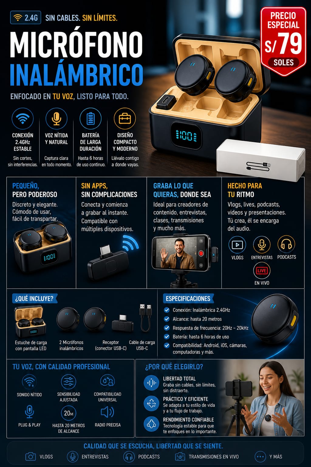 Microfono Inalambrico 2.4G Pro con Estuche LED USB-C