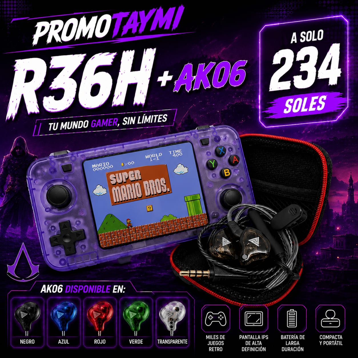 PROMOTAYMI R36H + AK06 + Estuche - promo consola retro con audifonos AK06