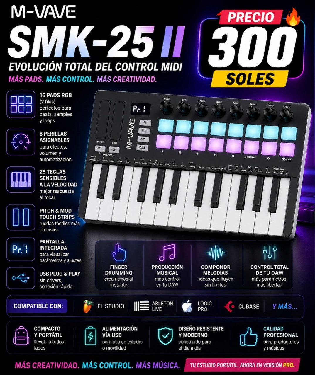 M-VAVE SMK-25 II controlador MIDI 25 teclas 16 pads RGB