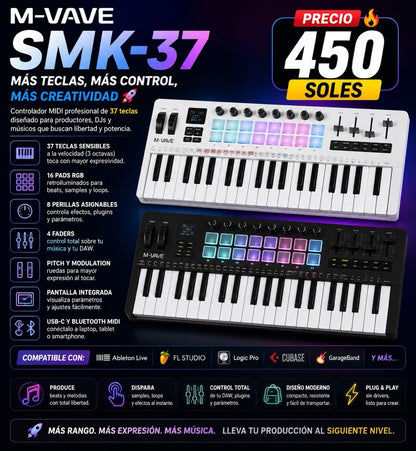 M-VAVE SMK-37 controlador MIDI 37 teclas Bluetooth pads RGB